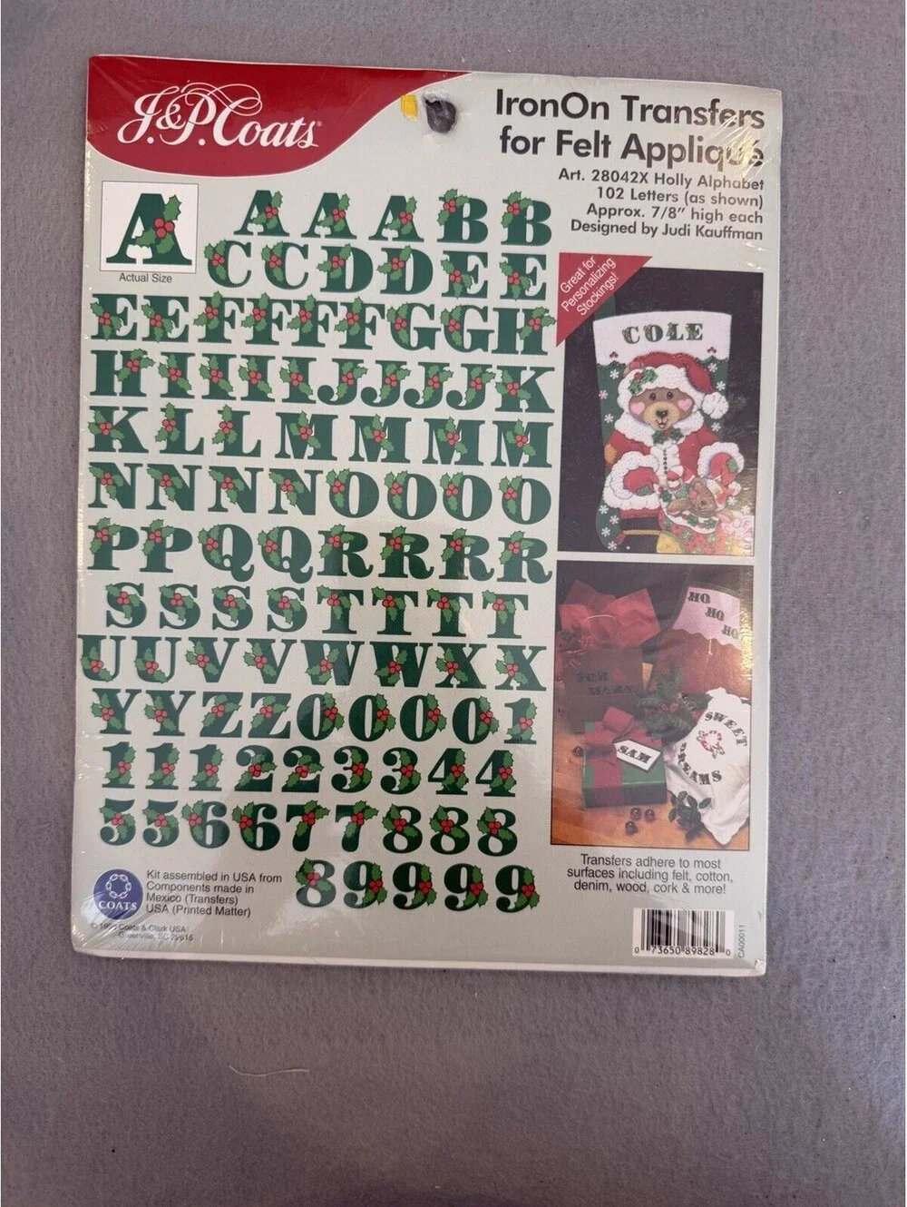 Vintage J. & P. Coats 1998 Iron On Transfers For Felt Appliqué Holly Alphabet